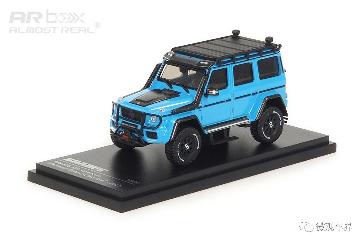 Brabus 550 Adventure Mercedes-Benz G-Class 4×42 - 2017 - Blue 1/64  中文：博速550探險版 2017款 藍色 1/64  顏色：藍色車身，配碳纖維裝飾  比例：1/64  主要特征：博速探險版套件，絞盤，踏板，越野輪轂，越野輪胎