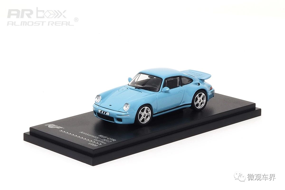 RUF CTR Anniversary - 2017 - Gulf Blue 1/64  中文：RUF CTR 周年版 2017款 海灣藍(lán) 1/64  顏色：海灣藍(lán)  比例：1/64  主要特征：經(jīng)典鯨尾，寬體車身